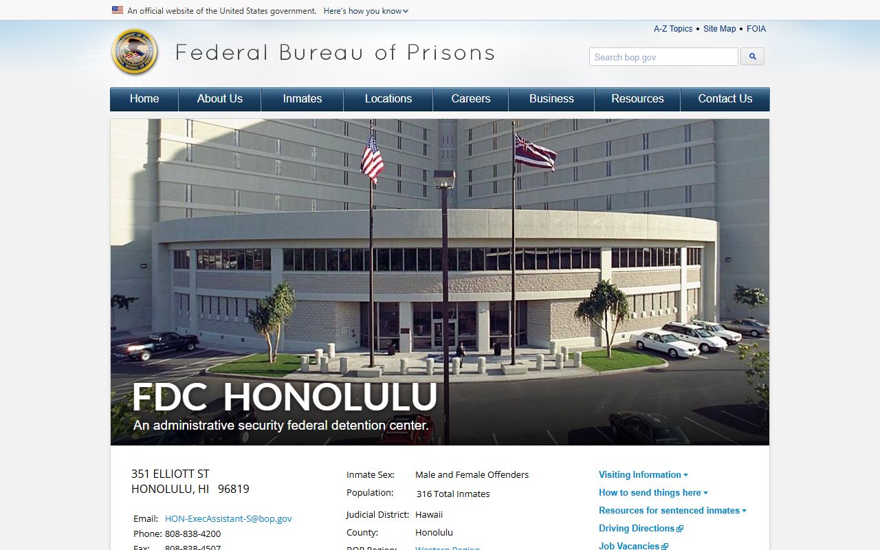 Federal Detention Center Honolulu Kalawao County federal inmate lookup