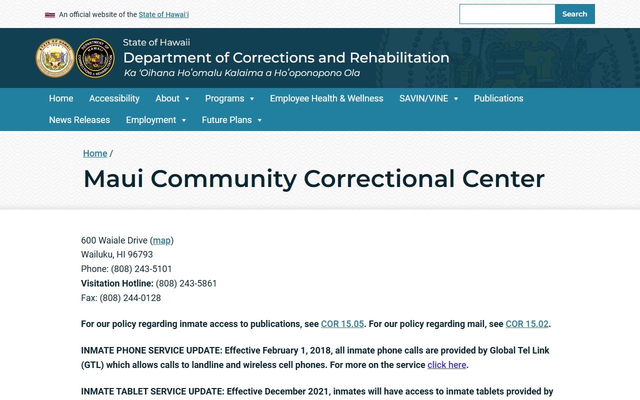 Maui Community Correctional Center Kalawao County custody search facility page